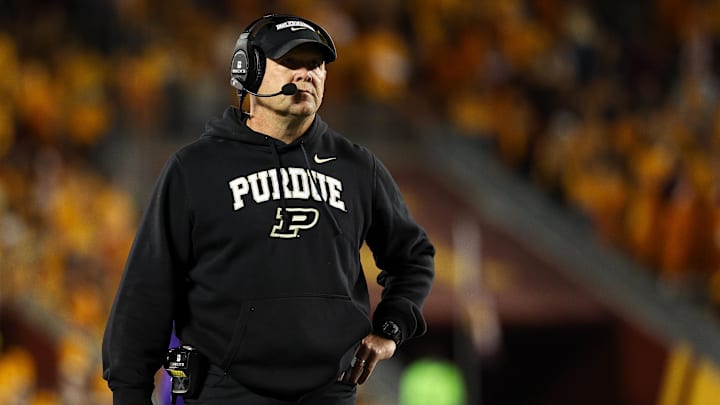 Purdue Boilermakers head coach Barry Odom looks on.