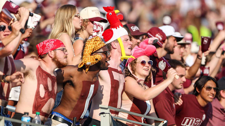 Mississippi State Bulldogs fans cheer before the game against the Alcorn State Braves at Davis Wade Stadium at Scott Field. Mississippi State Bulldogs fans cheer before the game against the Alcorn State Braves at Davis Wade Stadium at Scott Field.
