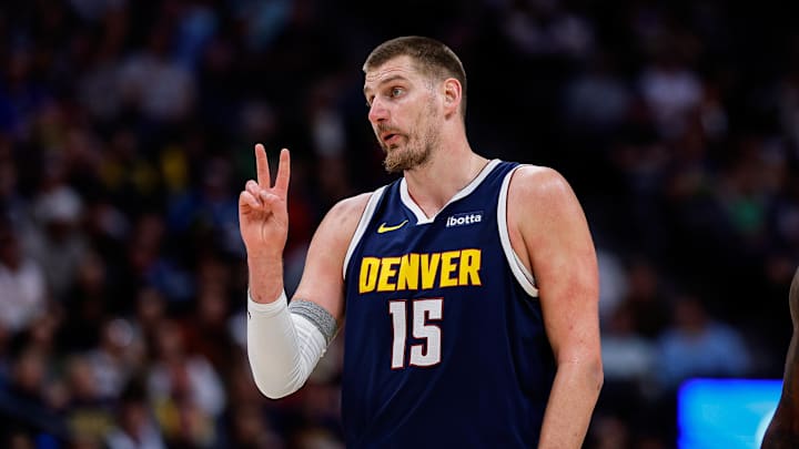 Apr 6, 2026; Denver, Colorado, USA; Denver Nuggets center Nikola Jokic (15) gestures in the second quarter against the Portland Trail Blazers at Ball Arena. Apr 6, 2026; Denver, Colorado, USA; Denver Nuggets center Nikola Jokic (15) gestures in the second quarter against the Portland Trail Blazers at Ball Arena.