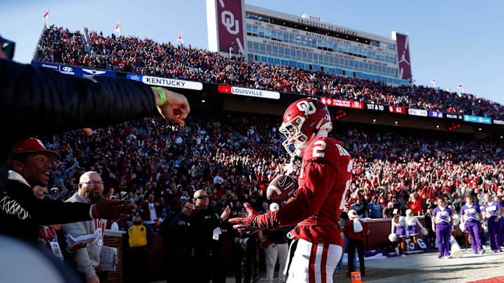 Oklahoma Sooners defensive back Billy Bowman Jr. (2) celebrates after returning an interception for Oklahoma Sooners defensive back Billy Bowman Jr. (2) celebrates after returning an interception for