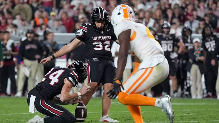 Oct 24, 2026; Columbia, South Carolina, USA;  South Carolina Gamecocks kicker Malik Orsan (32) kicks a field goal during the second half against the Tennessee Volunteers at Williams-Brice Stadium.  Mandatory Credit: Jim Dedmon-Imagn Images