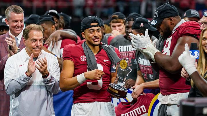 Dec 4, 2021; Atlanta, GA, USA; Alabama Crimson Tide head coach Nick Saban applauds quarterback Bryce Young (9) for winning the game most valuable player award after Alabama won the SEC Championship by defeating the Georgia Bulldogs at Mercedes-Benz Stadium. Mandatory Credit: Dale Zanine-USA TODAY Sports Dec 4, 2021; Atlanta, GA, USA; Alabama Crimson Tide head coach Nick Saban applauds quarterback Bryce Young (9) for winning the game most valuable player award after Alabama won the SEC Championship by defeating the Georgia Bulldogs at Mercedes-Benz Stadium. Mandatory Credit: Dale Zanine-USA TODAY Sports