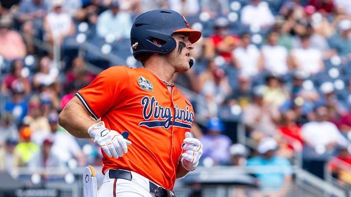 Jun 16, 2024; Omaha, NE, USA; Virginia Cavaliers second baseman Henry Godbout (2) runs after hitting a single against the Florida State Seminoles during the first inning at Charles Schwab Field Omaha. Mandatory Credit: Dylan Widger-USA TODAY Sports Jun 16, 2024; Omaha, NE, USA; Virginia Cavaliers second baseman Henry Godbout (2) runs after hitting a single against the Florida State Seminoles during the first inning at Charles Schwab Field Omaha. Mandatory Credit: Dylan Widger-USA TODAY Sports