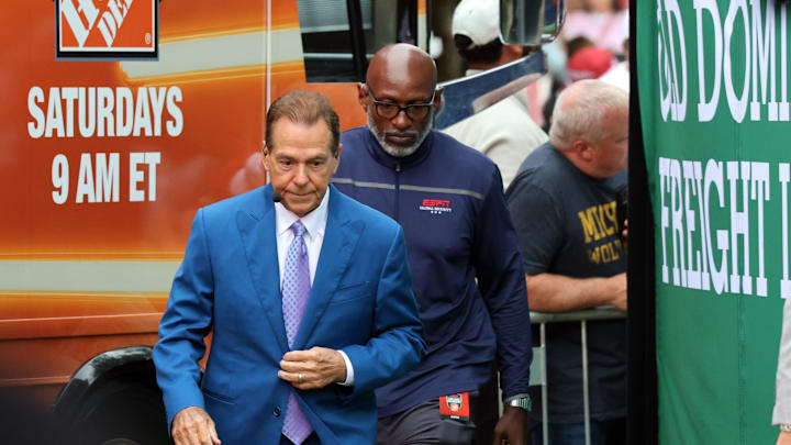 Nick Saban moves between stages at ESPN College GameDay ahead of the University of Oklahoma-Michigan College football game on Sep 6, 2025 in Norman.