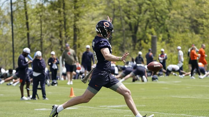 May 10, 2024; Lake Forest, IL, USA; Chicago Bears punter Tory Taylor during Chicago Bears rookie minicamp at Halas Hall. Mandatory Credit: David Banks-USA TODAY Sports