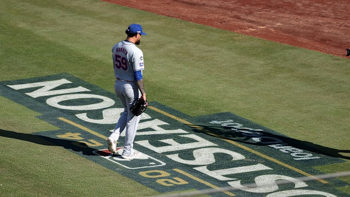 Oct 14, 2024; Los Angeles, California, USA; New York Mets pitcher Sean Manaea (59) walks to the dug out in the sixth inning during game two of the NLCS for the 2024 MLB Playoffs at Dodger Stadium. Mandatory Credit: Kiyoshi Mio-Imagn Images Oct 14, 2024; Los Angeles, California, USA; New York Mets pitcher Sean Manaea (59) walks to the dug out in the sixth inning during game two of the NLCS for the 2024 MLB Playoffs at Dodger Stadium. Mandatory Credit: Kiyoshi Mio-Imagn Images