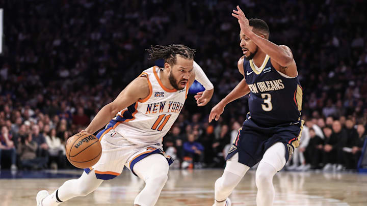 Dec 1, 2024; New York, New York, USA; New York Knicks guard Jalen Brunson (11) drives the ball past New Orleans Pelicans guard CJ McCollum (3) in the second quarter at Madison Square Garden. Mandatory Credit: Wendell Cruz-Imagn Images Dec 1, 2024; New York, New York, USA; New York Knicks guard Jalen Brunson (11) drives the ball past New Orleans Pelicans guard CJ McCollum (3) in the second quarter at Madison Square Garden. Mandatory Credit: Wendell Cruz-Imagn Images