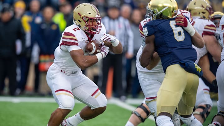 Nov 23, 2019; South Bend, IN, USA; Boston College Eagles running back A.J. Dillon (2) runs the ball in the first quarter against the Notre Dame Fighting Irish at Notre Dame Stadium. Mandatory Credit: Matt Cashore-Imagn Images