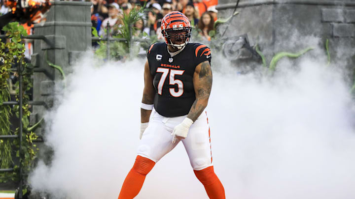 Dec 28, 2024; Cincinnati, Ohio, USA; Cincinnati Bengals offensive tackle Orlando Brown Jr. (75) runs onto the field before the game against the Denver Broncos at Paycor Stadium. Mandatory Credit: Katie Stratman-Imagn Images