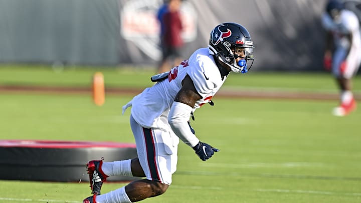 Aug 5, 2022; Houston, Texas, US;  Houston Texans safety Grayland Arnold (35) catches the ball during training camp at the Texans practice facility.  Mandatory Credit: Maria Lysaker-Imagn Images