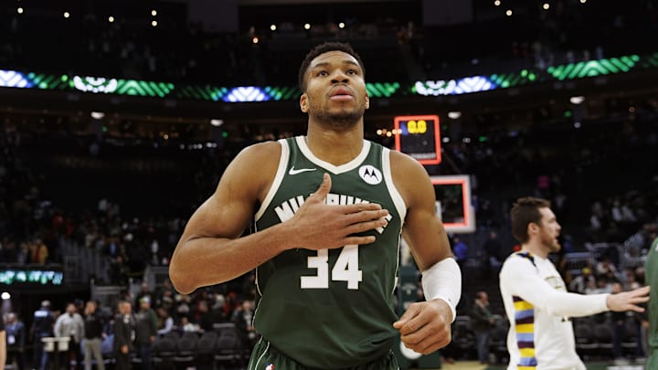 Dec 11, 2023; Milwaukee, Wisconsin, USA;  Milwaukee Bucks forward Giannis Antetokounmpo (34) following the game against the Chicago Bulls at Fiserv Forum. Mandatory Credit: Jeff Hanisch-Imagn Images