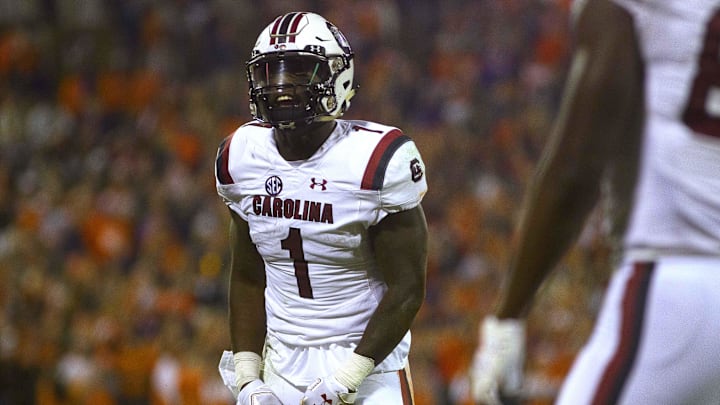 Nov 24, 2018; Clemson, SC, USA; South Carolina Gamecocks wide receiver Deebo Samuel (1) reacts after scoring a touchdown during the first quarter of the game against the Clemson Tigers at Clemson Memorial Stadium. Mandatory Credit: Joshua S. Kelly-Imagn Images