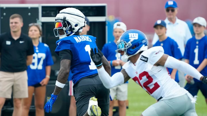 New York Giants wide receiver Malik Nabers (1) and New York Giants cornerback Dru Phillips (22) are shown at the Quest Diagnostic Training Center.