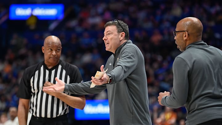 Vanderbilt head coach Mark Byington argues his case during the first half at Bridgestone Arena in Nashville, Tenn., Wednesday, March 12, 2025. Vanderbilt head coach Mark Byington argues his case during the first half at Bridgestone Arena in Nashville, Tenn., Wednesday, March 12, 2025.