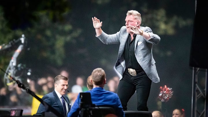 Host Pat McAfee dances on his chair to “Shout” during ESPN’s “College GameDay” Saturday, Oct. 12, 2024 on the campus of the University of Oregon in Eugene, Ore.