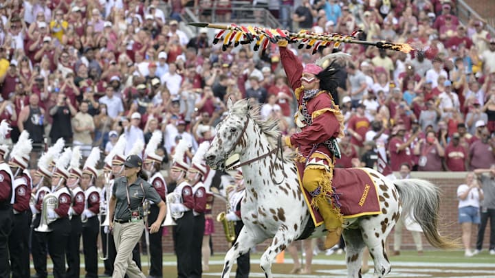 Aug 30, 2025; Tallahassee, Florida, USA; Osceola and Renegade before the game against the Alabama Crimson Tide at Doak S. Campbell Stadium. Mandatory Credit: Melina Myers-Imagn Images