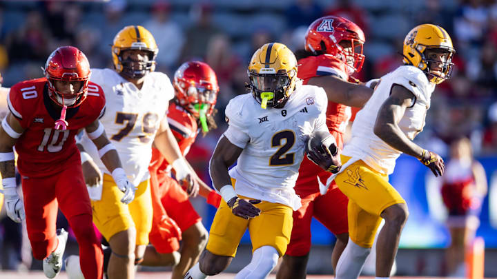 Nov 30, 2024; Tucson, Arizona, USA; Arizona State Sun Devils running back Kyson Brown (2) against the Arizona Wildcats in the second half during the Territorial Cup at Arizona Stadium. Mandatory Credit: Mark J. Rebilas-Imagn Images
