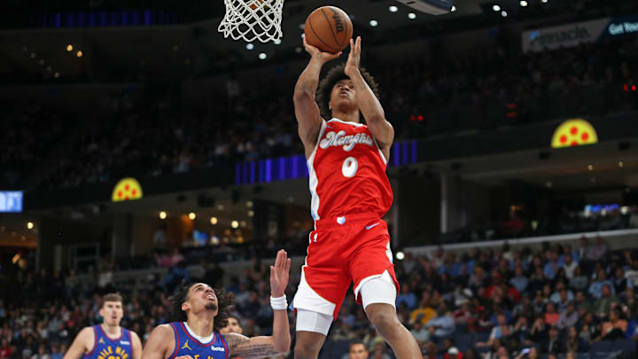 Nov 17, 2024; Memphis, Tennessee, USA; Memphis Grizzlies forward Jaylen Wells (0) shoots during the second half against the Denver Nuggets at FedExForum. Mandatory Credit: Petre Thomas-Imagn Images Nov 17, 2024; Memphis, Tennessee, USA; Memphis Grizzlies forward Jaylen Wells (0) shoots during the second half against the Denver Nuggets at FedExForum. Mandatory Credit: Petre Thomas-Imagn Images