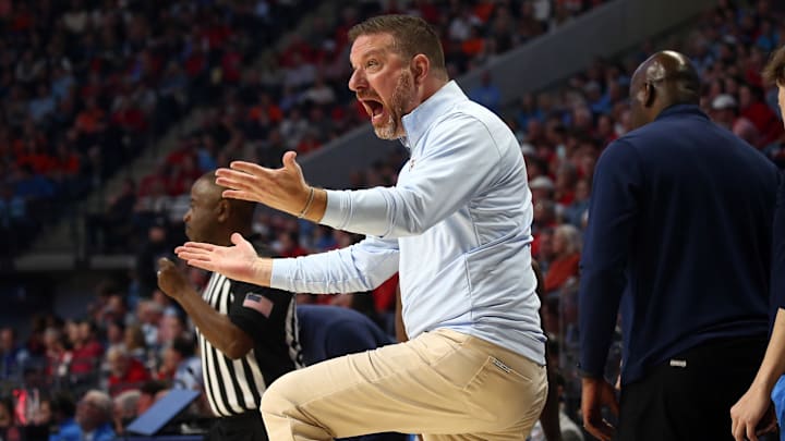 Feb 1, 2025; Oxford, Mississippi, USA; Mississippi Rebels head coach Chris Beard reacts during the first half against the Auburn Tigers at The Sandy and John Black Pavilion at Ole Miss. Mandatory Credit: Petre Thomas-Imagn Images Feb 1, 2025; Oxford, Mississippi, USA; Mississippi Rebels head coach Chris Beard reacts during the first half against the Auburn Tigers at The Sandy and John Black Pavilion at Ole Miss. Mandatory Credit: Petre Thomas-Imagn Images