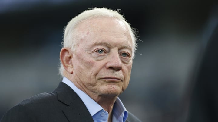 Aug 29, 2019; Arlington, TX, USA; Dallas Cowboys owner Jerry Jones on the field before the game against the Tampa Bay Buccaneers  at AT&T Stadium. Mandatory Credit: Tim Heitman-Imagn Images