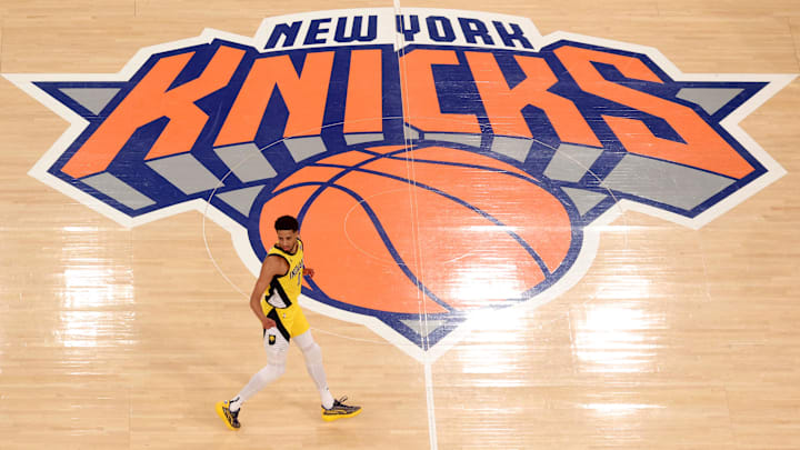 May 23, 2025; New York, New York, USA; Indiana Pacers guard Tyrese Haliburton (0) reacts after scoring a three point shot against the New York Knicks in the fourth quarter during game two of the eastern conference finals for the 2025 NBA Playoffs at Madison Square Garden. Mandatory Credit: Vincent Carchietta-Imagn Images