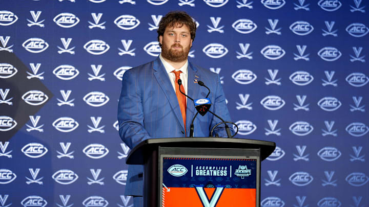 Jul 22, 2025; Charlotte, NC, USA; Virginia offensive lineman Noah Josey answers questions from the media during ACC Media Days at Hilton Charlotte Uptown. Mandatory Credit: Jim Dedmon-Imagn Images Jul 22, 2025; Charlotte, NC, USA; Virginia offensive lineman Noah Josey answers questions from the media during ACC Media Days at Hilton Charlotte Uptown. Mandatory Credit: Jim Dedmon-Imagn Images