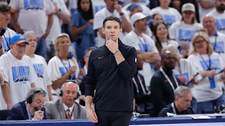 May 20, 2025; Oklahoma City, Oklahoma, USA; Oklahoma City Thunder head coach Mark Daigneault watches his team play against the Minnesota Timberwolves in the fourth quarter during game one of the western conference finals for the 2025 NBA Playoffs at Paycom Center. Mandatory Credit: Alonzo Adams-Imagn Images
