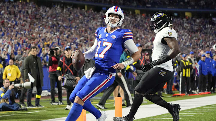 Sep 7, 2025; Orchard Park, New York, USA;  Buffalo Bills quarterback Josh Allen (17) -rtb for a touchdown  during the fourth quarter against the Baltimore Ravens at Highmark Stadium. Mandatory Credit: Gregory Fisher-Imagn Images
