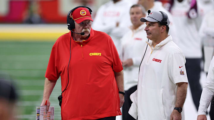 Feb 9, 2025; New Orleans, LA, USA; Kansas City Chiefs head coach Andy Reid and defensive line coach Joe Cullen looks on from the sideline of Super Bowl LIX at Caesars Superdome. Mandatory Credit: Bill Streicher-Imagn Images