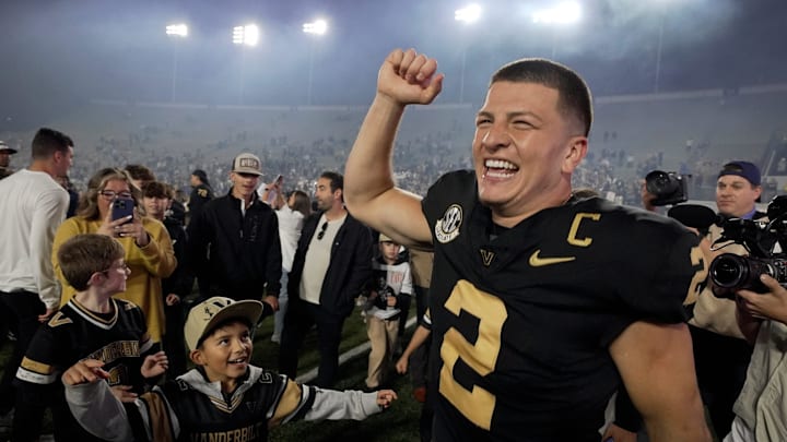 Vanderbilt quarterback Diego Pavia (2) celebrates after the team’s win Kentucky at FirstBank Stadium in Nashville, Tenn., Saturday, Nov. 22, 2025.