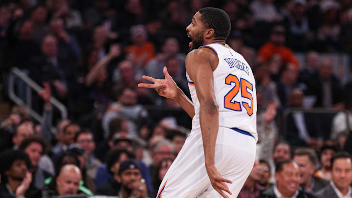 Jan 27, 2025; New York, New York, USA; New York Knicks forward Mikal Bridges (25) reacts after a basket during the second half against the Memphis Grizzlies at Madison Square Garden. Mandatory Credit: Vincent Carchietta-Imagn Images