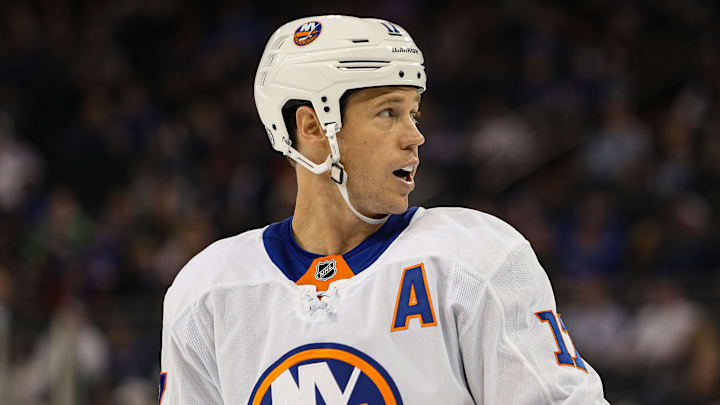 Sep 24, 2024; New York, New York, USA; New York Islanders left wing Matt Martin (17) celebrates his goal during the second period against the New York Rangers at Madison Square Garden. Mandatory Credit: Danny Wild-Imagn Images