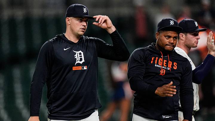 Detroit Tigers pitcher Tarik Skubal (29), left, and pitcher Framber Valdez (59) walk off the field after congratulating teammates for the 10-4 win over Minnesota Twins at Comerica Park in Detroit on Tuesday, June 9, 2026. Detroit Tigers pitcher Tarik Skubal (29), left, and pitcher Framber Valdez (59) walk off the field after congratulating teammates for the 10-4 win over Minnesota Twins at Comerica Park in Detroit on Tuesday, June 9, 2026.