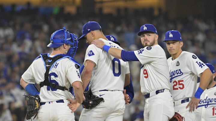 Oct 25, 2024; Los Angeles, California, USA; Los Angeles Dodgers starting pitcher Jack Flaherty (0) reacts after giving up a two-run home run in the sixth inning against the New York Yankees during game one of the 2024 MLB World Series at Dodger Stadium. Mandatory Credit: Jayne Kamin-Oncea-Imagn Images Oct 25, 2024; Los Angeles, California, USA; Los Angeles Dodgers starting pitcher Jack Flaherty (0) reacts after giving up a two-run home run in the sixth inning against the New York Yankees during game one of the 2024 MLB World Series at Dodger Stadium. Mandatory Credit: Jayne Kamin-Oncea-Imagn Images