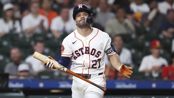 Apr 25, 2026; Houston, Texas, USA; Houston Astros second baseman Jose Altuve (27) reacts after striking out during the eighth inning against the New York Yankees at Daikin Park. Mandatory Credit: Troy Taormina-Imagn Images