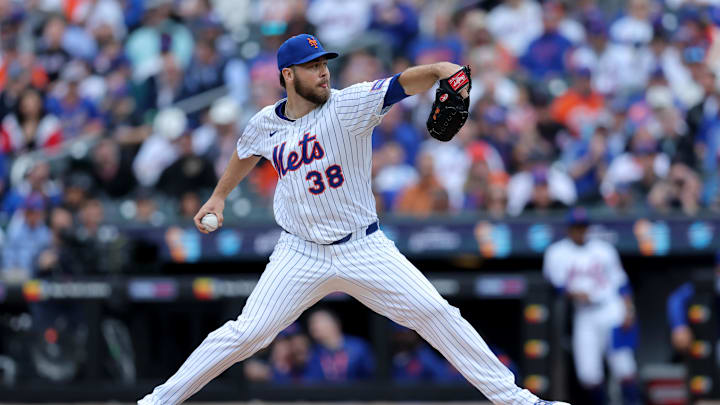 Apr 4, 2025; New York City, New York, USA; New York Mets starting pitcher Tylor Megill (38) pitches against the Toronto Blue Jays during the first inning at Citi Field. 