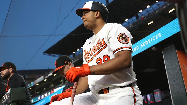 May 12, 2026; Baltimore, Maryland, USA; Baltimore Orioles designated hitter Samuel Basallo (29) looks on during the sixth inning against the New York Yankees at Oriole Park at Camden Yards. Mandatory Credit: Daniel Kucin Jr.-Imagn Images