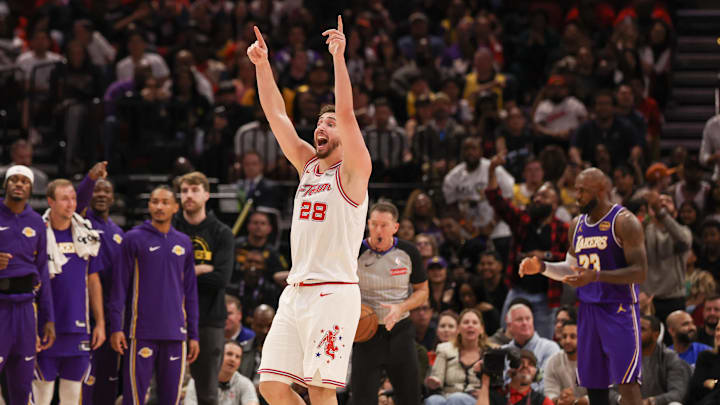 Mar 18, 2026; Houston, Texas, USA; Houston Rockets center Alperen Sengun (28) reacts to a call while playing against the Los Angeles Lakers in the second half at Toyota Center. Mandatory Credit: Thomas Shea-Imagn Images