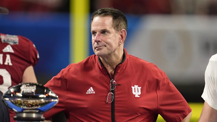 Jan 9, 2026; Atlanta, GA, USA; Indiana Hoosiers head coach Curt Cignetti reacts on stage after the 2025 Peach Bowl and semifinal game of the College Football Playoff against the Oregon Ducks at Mercedes-Benz Stadium. Mandatory Credit: Dale Zanine-Imagn Images
