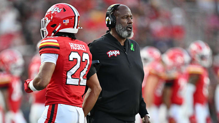 Maryland Terrapins head coach Michael Locksley watches his team play against the Washington Huskies at SECU Stadium.