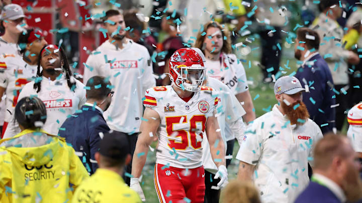 Feb 9, 2025; New Orleans, LA, USA; Kansas City Chiefs linebacker Swayze Bozeman (50) walks off the field after losing against the Philadelphia Eagles in Super Bowl LIX at Caesars Superdome. Mandatory Credit: Bill Streicher-Imagn Images