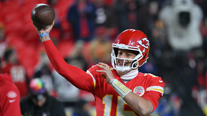 Dec 7, 2025; Kansas City, Missouri, USA; Kansas City Chiefs quarterback Patrick Mahomes (15) warms up prior to the game against the Houston Texans at GEHA Field at Arrowhead Stadium. Mandatory Credit: Amy Kontras-Imagn Images