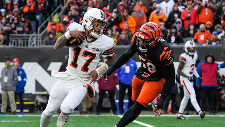 Bengals Joseph Ossai (58) chases down Browns Dorian Thompson-Robinson (17) during their game against the Browns at Paycor Stadium on Sunday December 22, 2024. The Bengals won the game with a final score of 24-6.