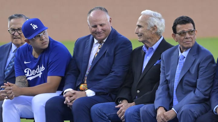 Aug 11, 2023; Los Angeles, California, USA; Los Angeles Dodgers starting pitcher Julio Urias (7), Mike Scioscia and Sandy Koufax attend the jersey retirement ceremony for Los Angeles Dodgers pitcher Fernando Valenzuela (34) prior to a game against the Colorado Rockies at Dodger Stadium. Aug 11, 2023; Los Angeles, California, USA; Los Angeles Dodgers starting pitcher Julio Urias (7), Mike Scioscia and Sandy Koufax attend the jersey retirement ceremony for Los Angeles Dodgers pitcher Fernando Valenzuela (34) prior to a game against the Colorado Rockies at Dodger Stadium.