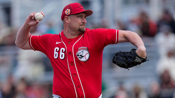 Cincinnati Reds relief pitcher Joel Kuhnel (66) throws a pith in the fifth inning of the MLB Cactus League spring training game between the San Francisco Giants and the Cincinnati Reds at Scottsdale Stadium in Goodyear, Ariz., on Sunday, Feb. 26, 2023. The Giants came back in the ninth inning to win on a walk-off single off the bat of Will Wilson.

Cincinnati Reds At San Francisco Giants Spring Training
