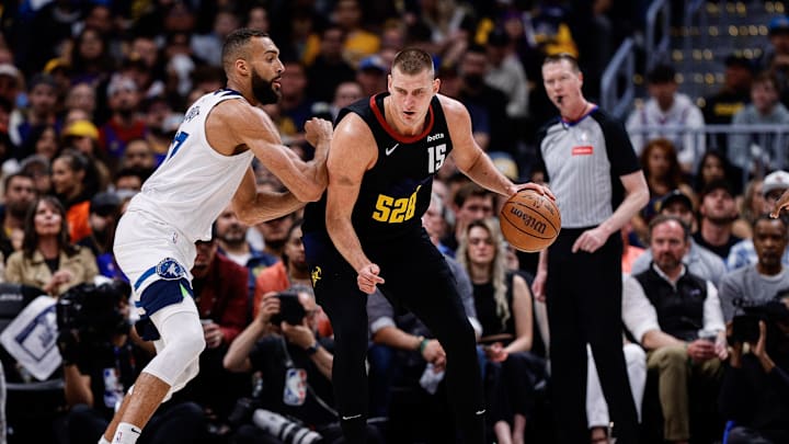May 14, 2024; Denver, Colorado, USA; Denver Nuggets center Nikola Jokic (15) controls the ball as