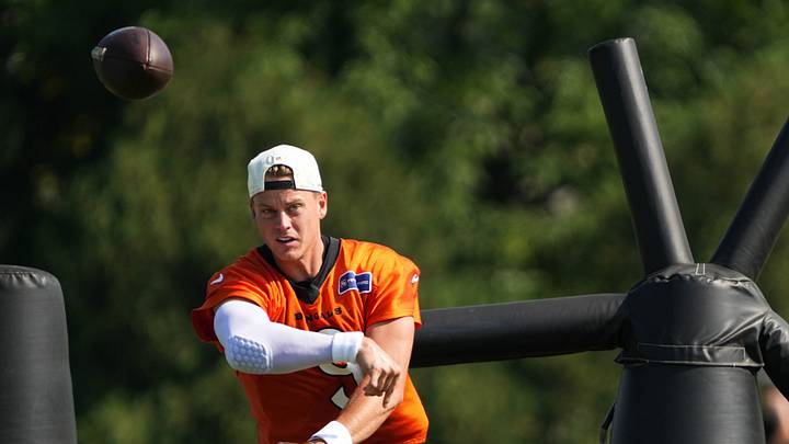 Joe Burrow (9) launches the ball. The Cincinnati Bengals gather for day 3 of Training Camp on Friday July 31, 2026.