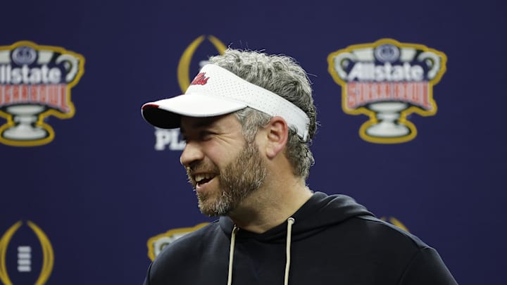 Jan 1, 2026; New Orleans, LA, USA; Mississippi Rebels head coach Pete Golding smiles on stage after the 2026 Sugar Bowl and quarterfinal game of the College Football Playoff against the Georgia Bulldogs at Caesars Superdome. Mandatory Credit: Amber Searls-Imagn Images
