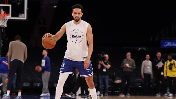 May 29, 2025; New York, New York, USA; New York Knicks guard Landry Shamet (44) warms up before game five against the Indiana Pacers in the eastern conference finals for the 2025 NBA Playoffs at Madison Square Garden. Mandatory Credit: Vincent Carchietta-Imagn Images