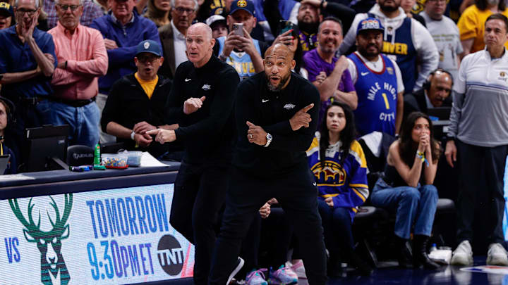 Apr 29, 2024; Denver, Colorado, USA; Los Angeles Lakers head coach Darvin Ham (R) and assistant coach Chris Jent (L) gesture in the fourth quarter against the Denver Nuggets during game five of the first round for the 2024 NBA playoffs at Ball Arena. Mandatory Credit: Isaiah J. Downing-Imagn Images Apr 29, 2024; Denver, Colorado, USA; Los Angeles Lakers head coach Darvin Ham (R) and assistant coach Chris Jent (L) gesture in the fourth quarter against the Denver Nuggets during game five of the first round for the 2024 NBA playoffs at Ball Arena. Mandatory Credit: Isaiah J. Downing-Imagn Images